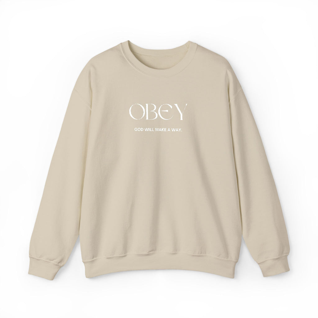 “Obey God Will Make a Way” Unisex Faith Quote Crewneck Sweatshirt — Vintage Graphic Sweater